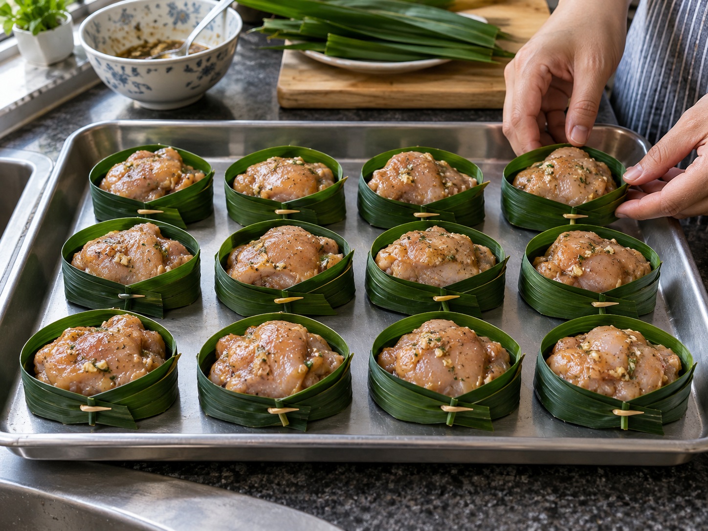 Thai Pandan Chicken — Thread the chicken