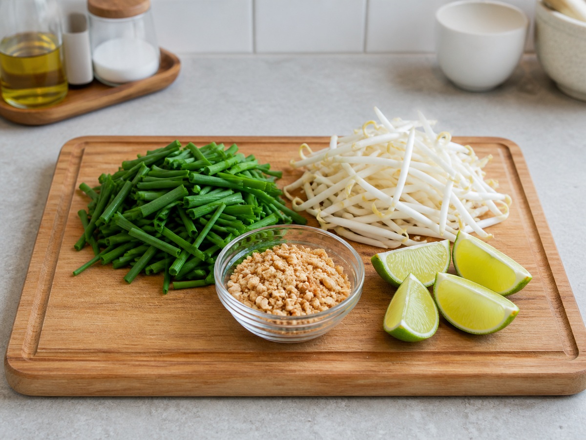 Pad Thai na may Hipon: Ihanda ang chives, mani, at lime