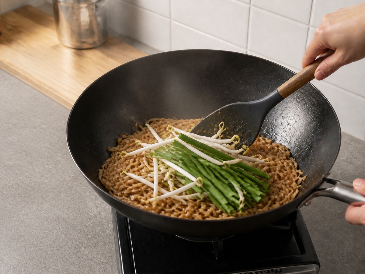 Pad Thai na may Hipon: Idagdag ang sprouts at chives