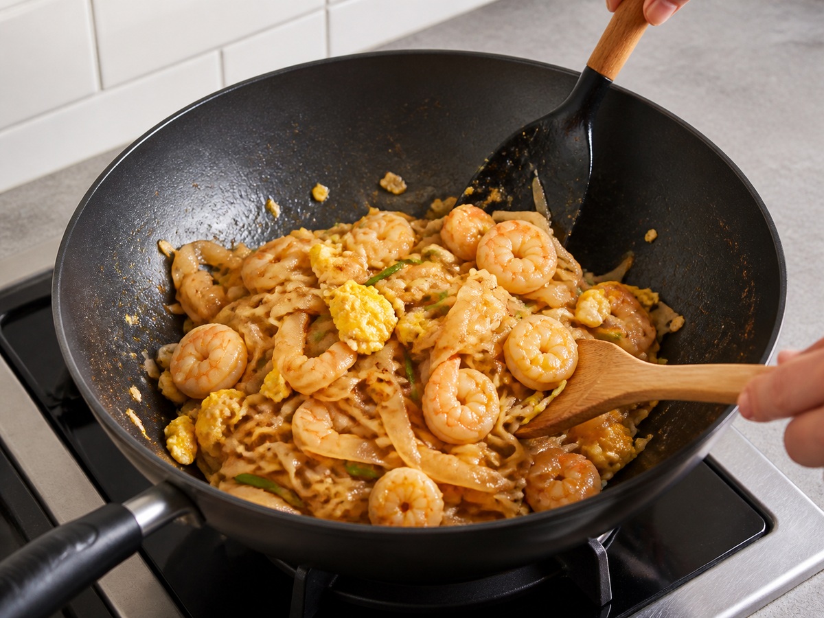 Pad Thai na may Hipon: Ibalik ang hipon at itlog