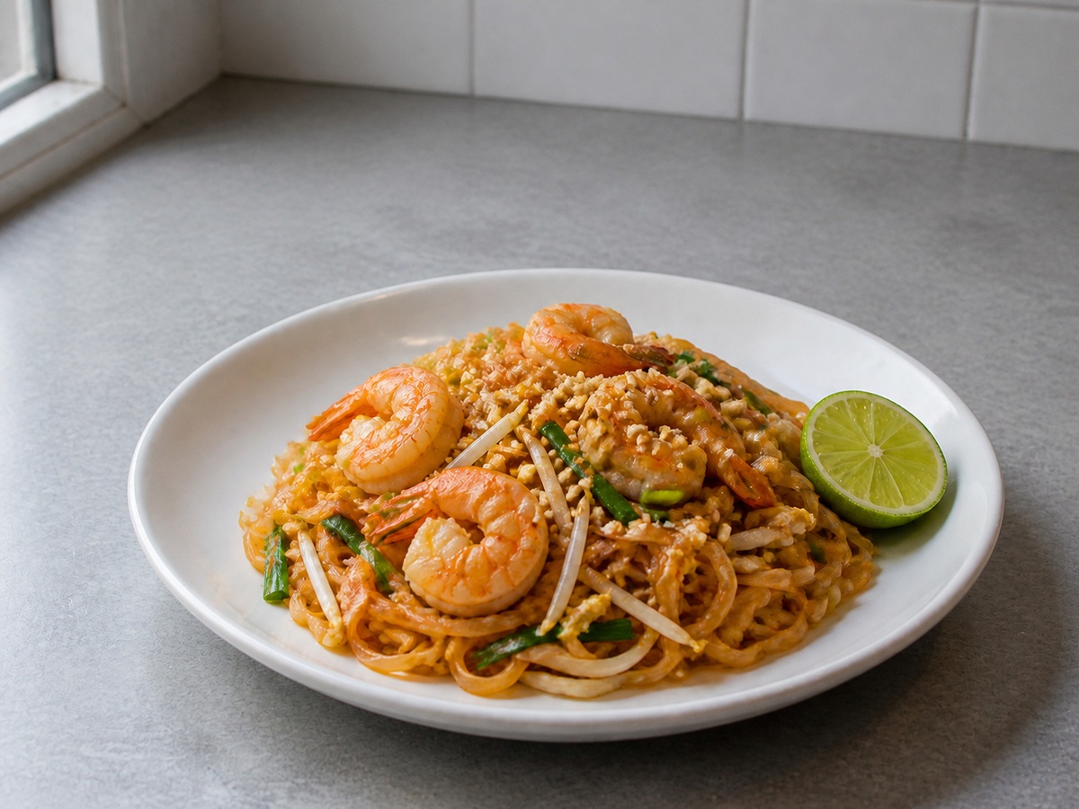 Pad Thai na may Hipon: Ihain kasama ang mani at lime