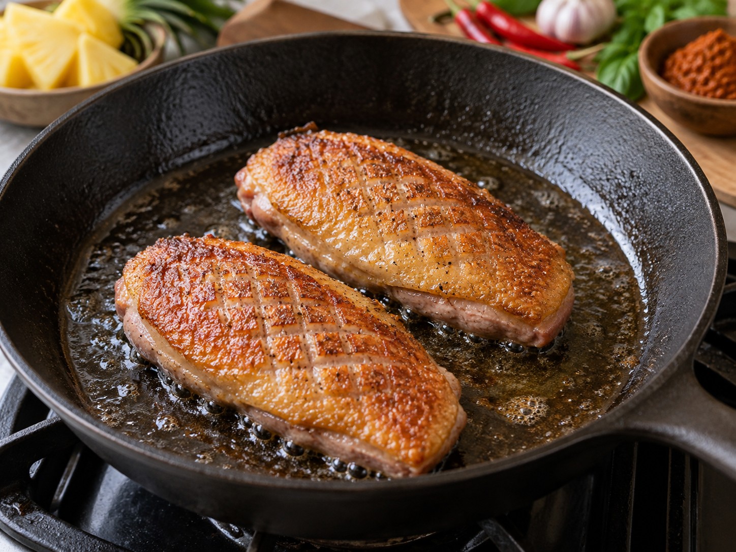 Thai Red Curry Duck with Pineapple — Sear the duck skin