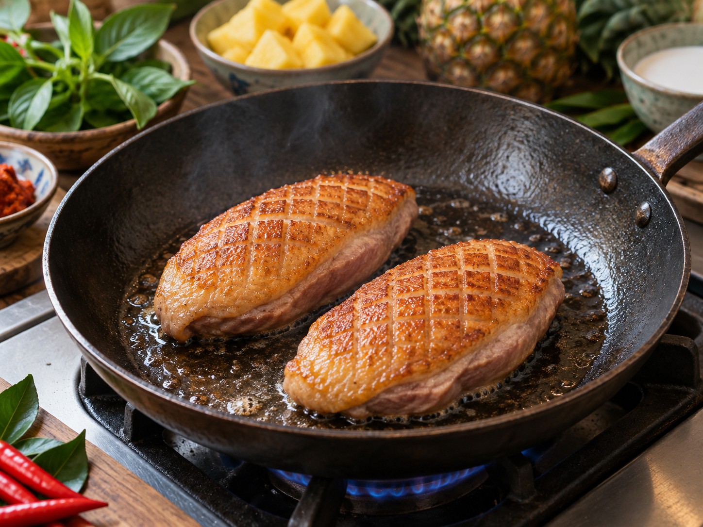 Thai Red Curry Duck with Pineapple — Sear the flesh side