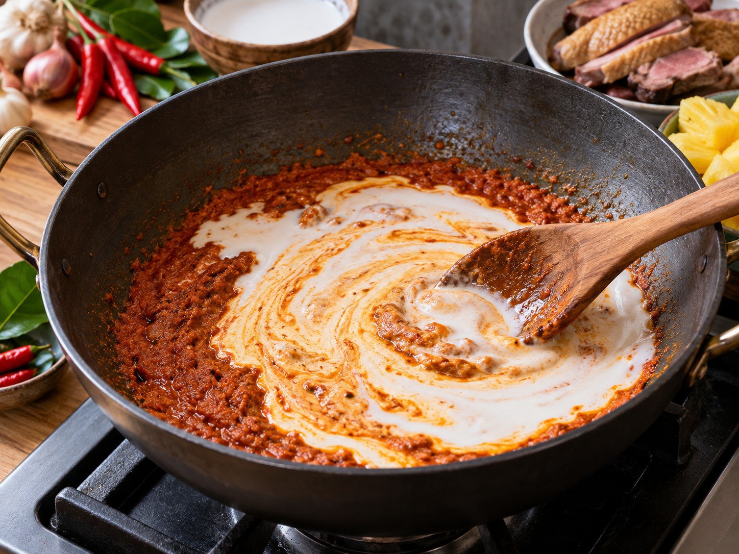 Thai Red Curry Duck with Pineapple — Add coconut milk