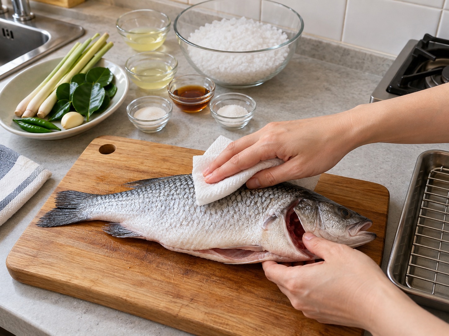 泰式鹽殼燒魚 — 魚去內臟去鰓但保留魚鱗,洗淨後徹底抹乾