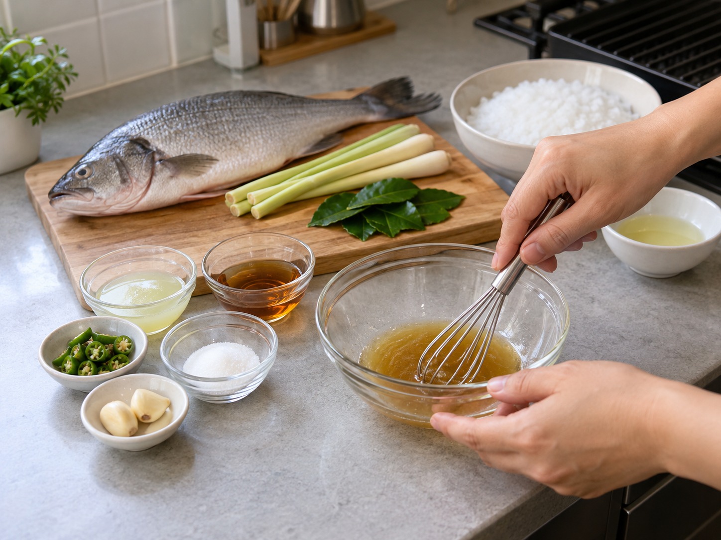 泰式鹽殼燒魚 — 青檸汁、魚露和糖拌至糖溶