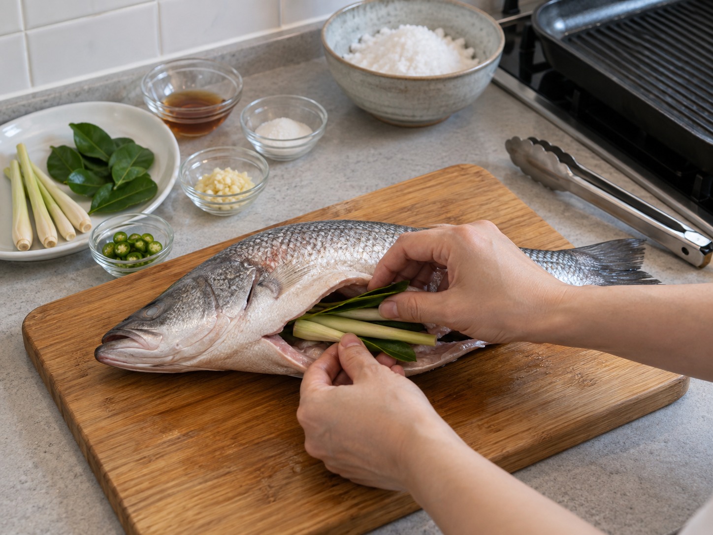 泰式鹽殼燒魚 — 把香茅和青檸葉塞進魚腹
