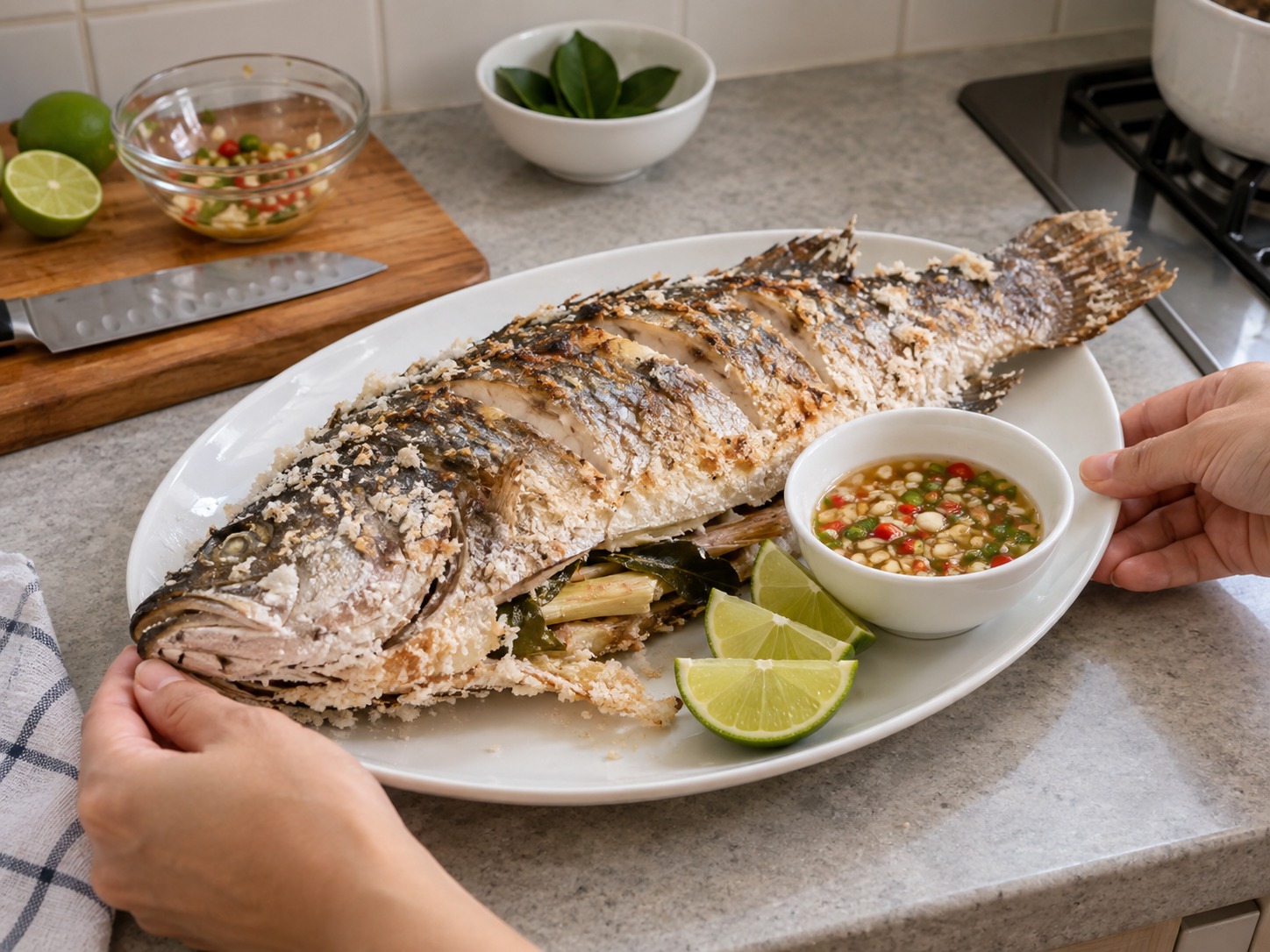 泰式鹽殼燒魚 — 把完整魚肉上碟,青檸蘸汁另上