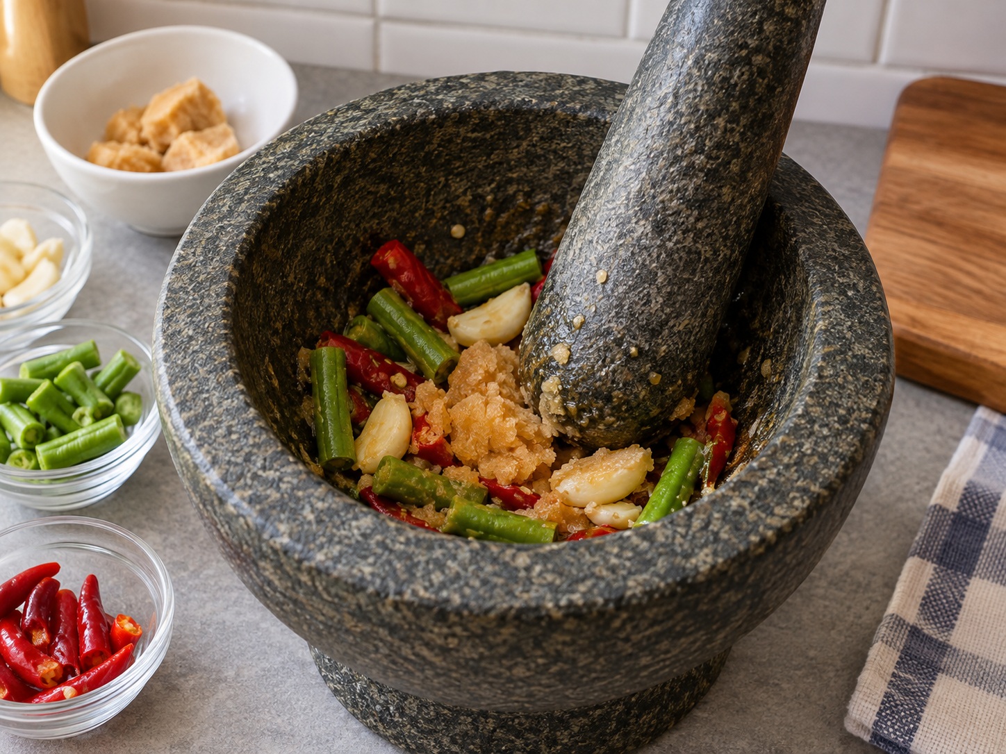 Thai Som Tam Green Papaya Salad — 6. Idagdag ang palm sugar at dikdikin hanggang halos matunaw