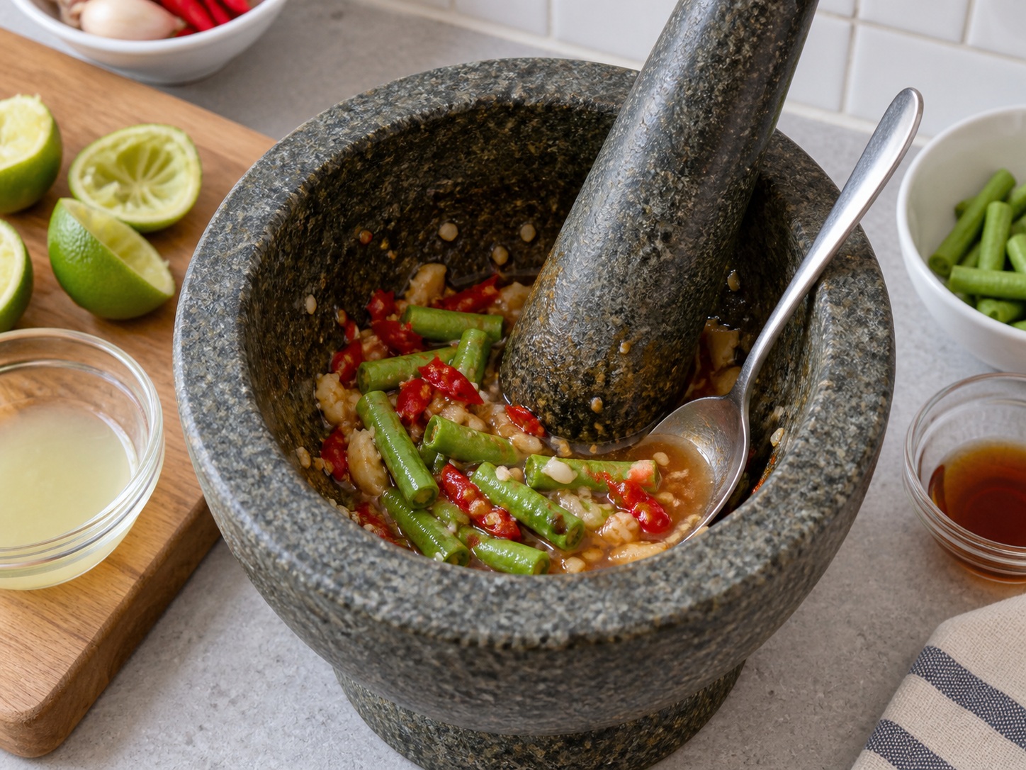 Thai Som Tam Green Papaya Salad — 7. Idagdag ang katas ng dayap at patis at haluin gamit ang kutsara at pestle
