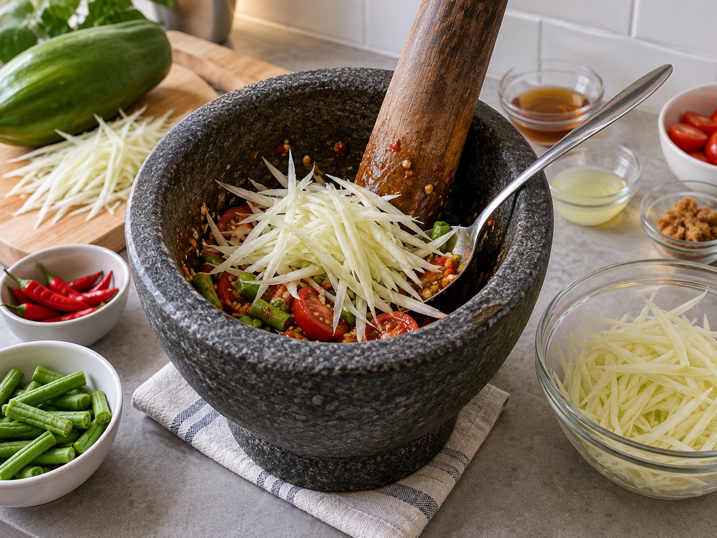 Thai Som Tam Green Papaya Salad — 9. Idagdag ang papaya sa dalawang batch at iangat mula ilalim gamit ang kutsara