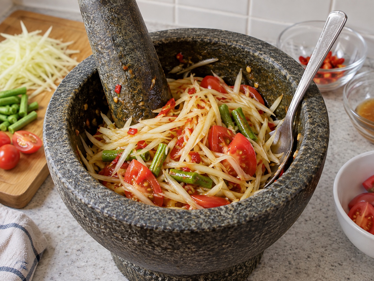 Thai Som Tam Green Papaya Salad — 10. Bahagyang bayuhin at haluin nang 1 minuto upang manatiling malutong ang papaya