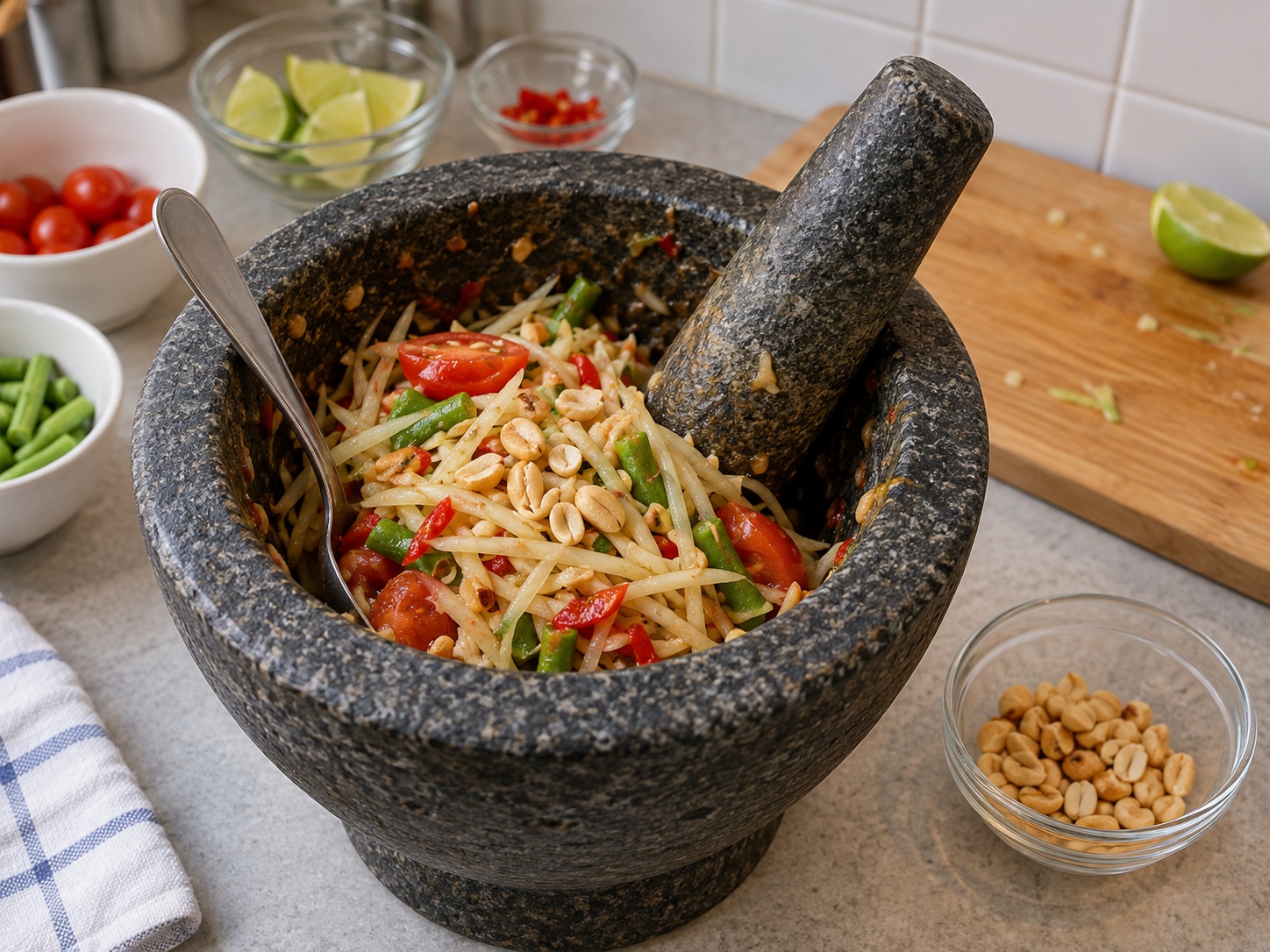 Thai Som Tam Green Papaya Salad — 11. Idagdag ang kalahati ng mani