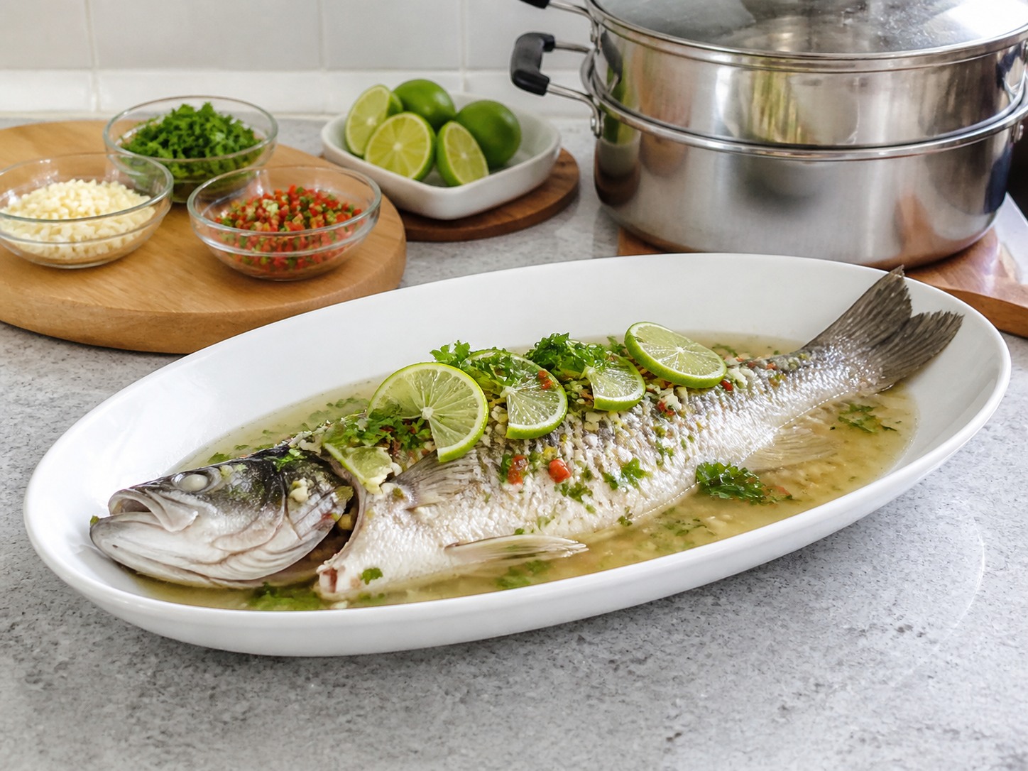 泰式青檸蒸海鱸魚完成圖|Thai Steamed Seabass with Lime and Garlic