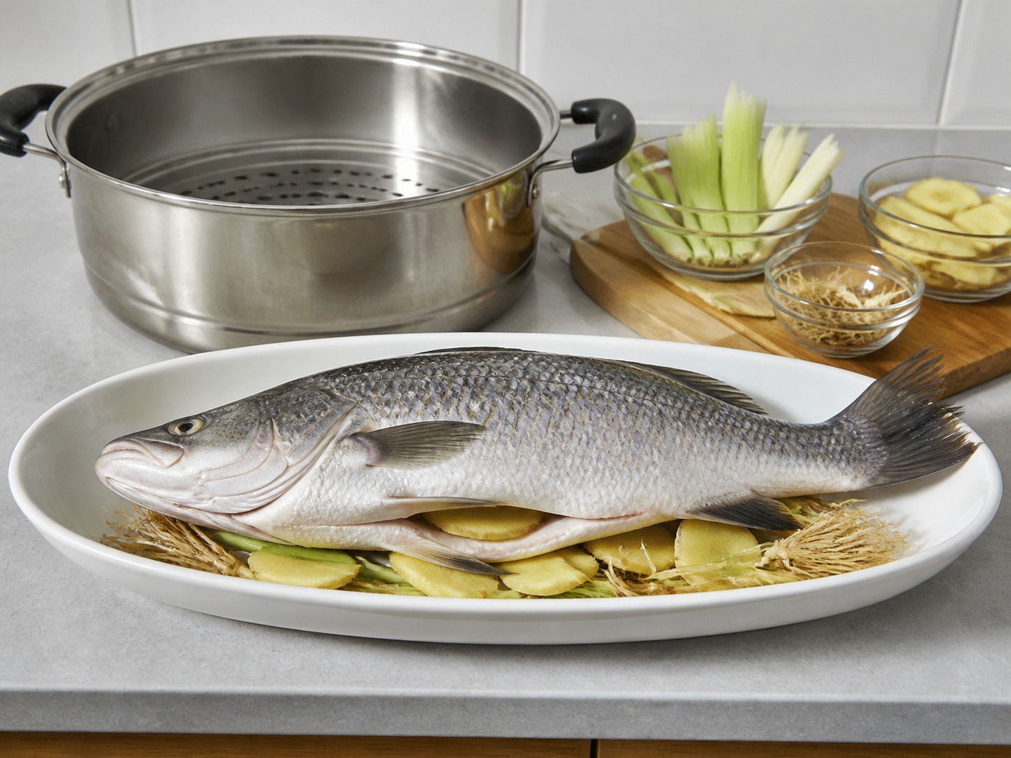 泰式青檸蒸海鱸魚:準備香料及蒸碟