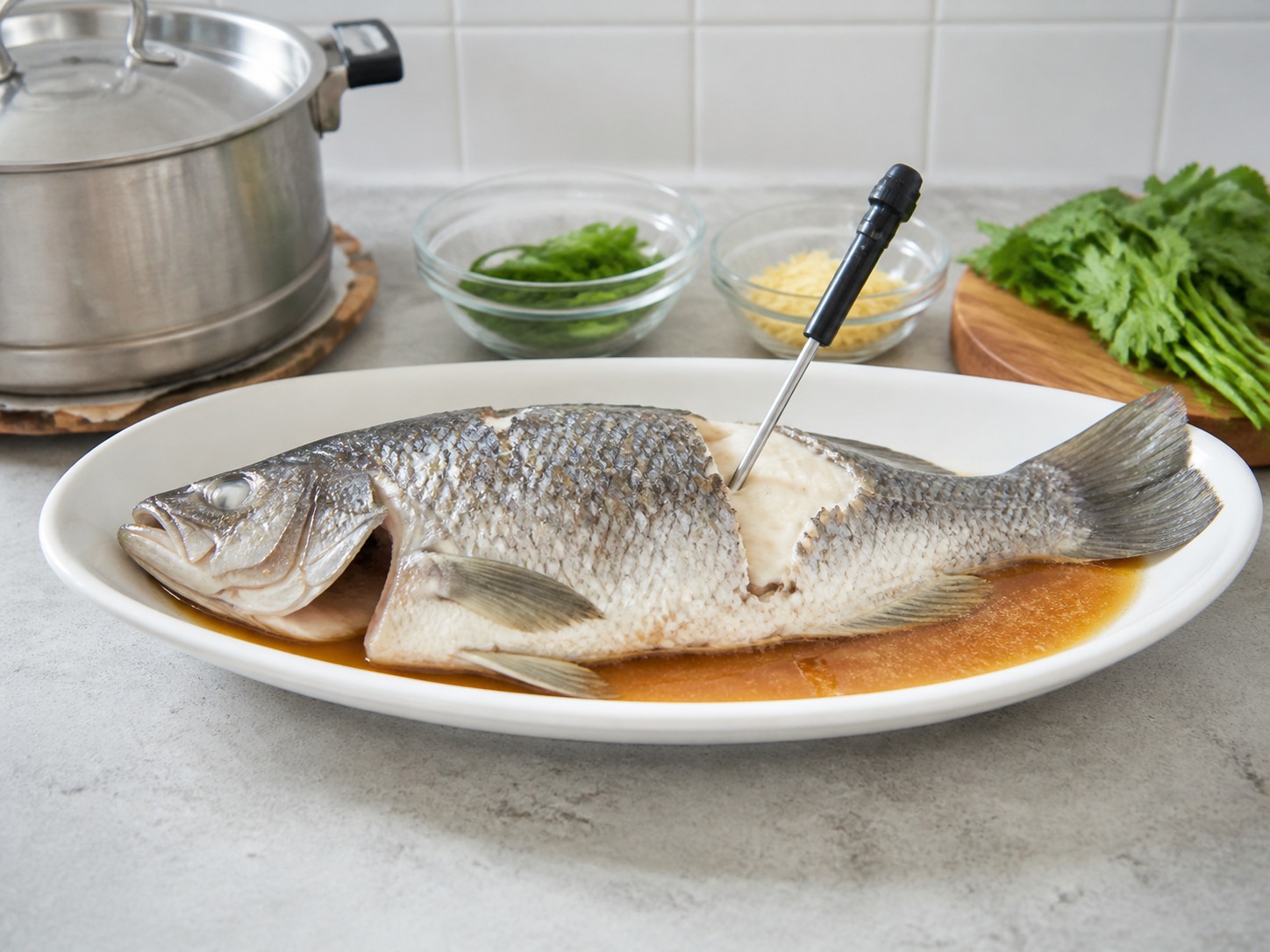 泰式青檸蒸海鱸魚:檢查安全熟度