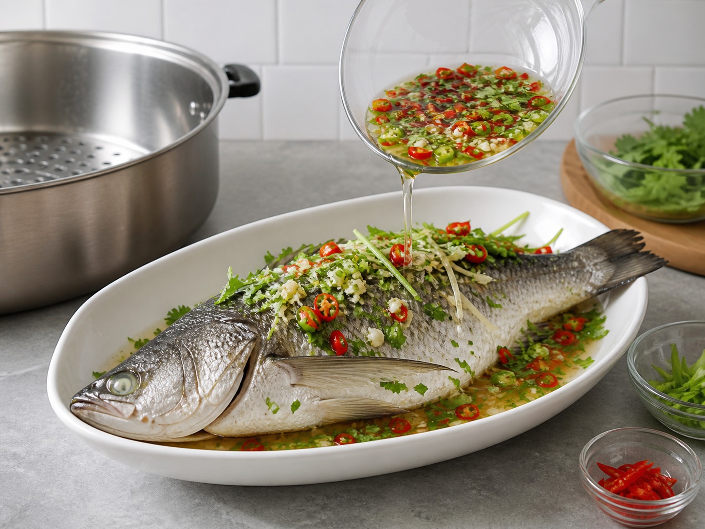 泰式青檸蒸海鱸魚:淋青檸酸辣汁