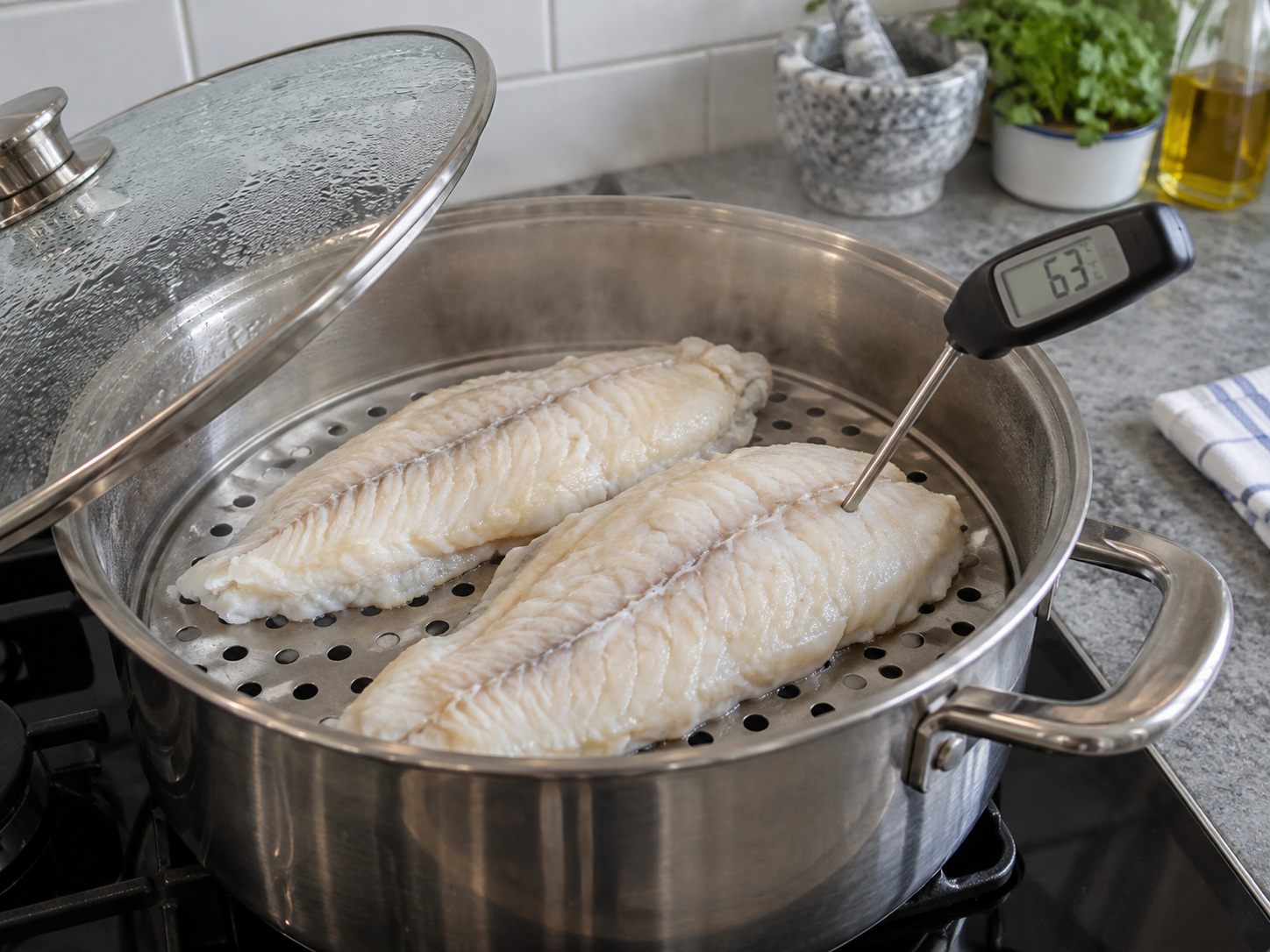 泰式脆鯰魚沙律 — 1. 將鯰魚片蒸至不透明且最厚部分達到 63°C。