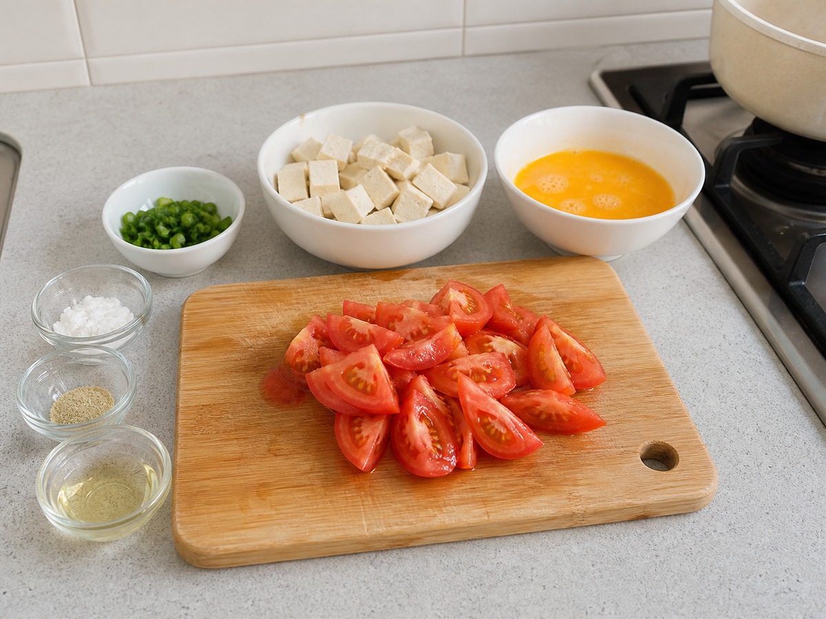 Tomato, Tofu and Egg Drop Soup โ step 1: Prepare the ingredients