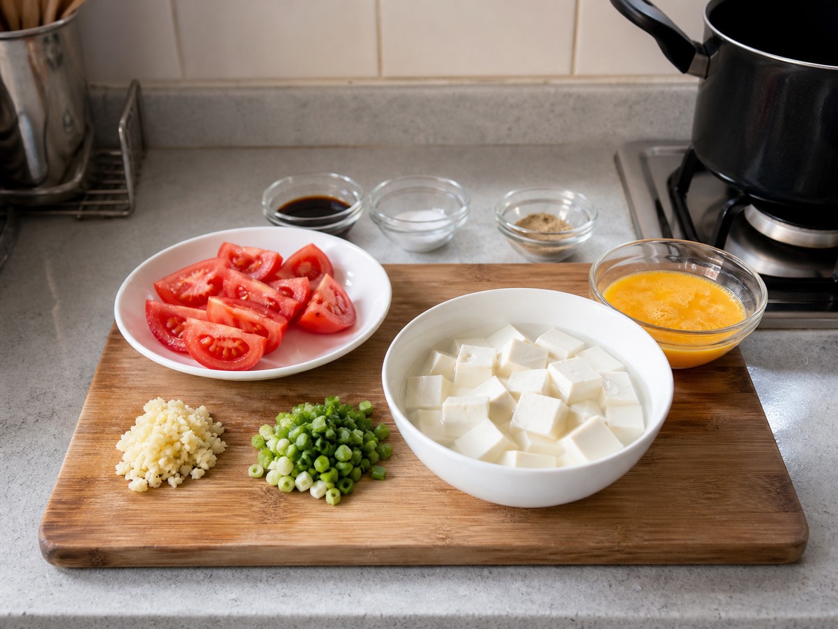 Tomato, Tofu and Egg Drop Soup โ step 2: Prepare the ingredients