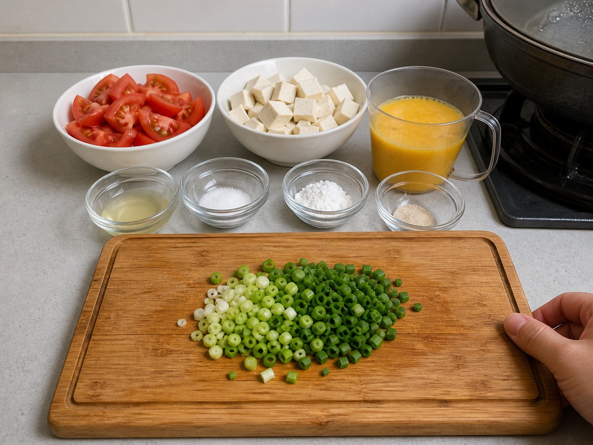 Tomato, Tofu and Egg Drop Soup โ step 4: Prepare the ingredients