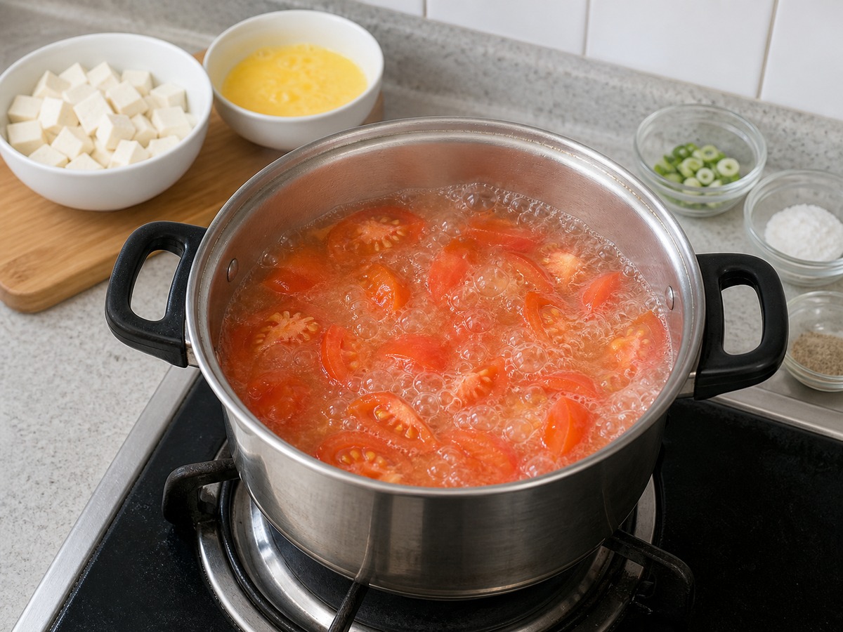Tomato, Tofu and Egg Drop Soup โ step 6: Bring the base to a boil