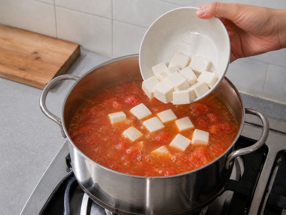 Tomato, Tofu and Egg Drop Soup โ step 8: Add the main ingredients