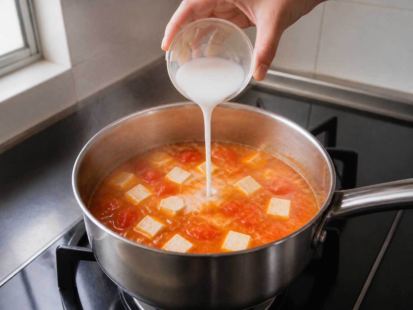 Tomato, Tofu and Egg Drop Soup โ step 9: Add the main ingredients