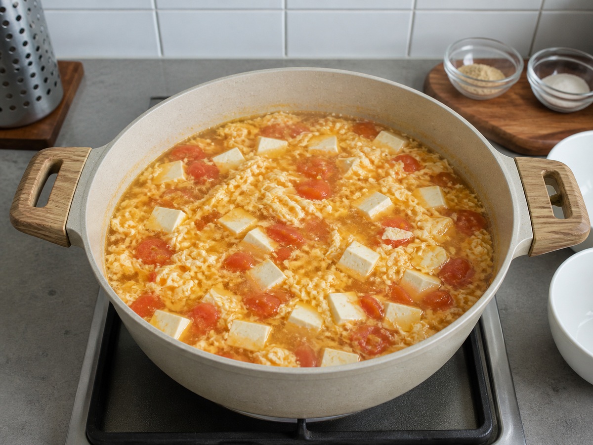 Tomato, Tofu and Egg Drop Soup โ step 10: Add the main ingredients