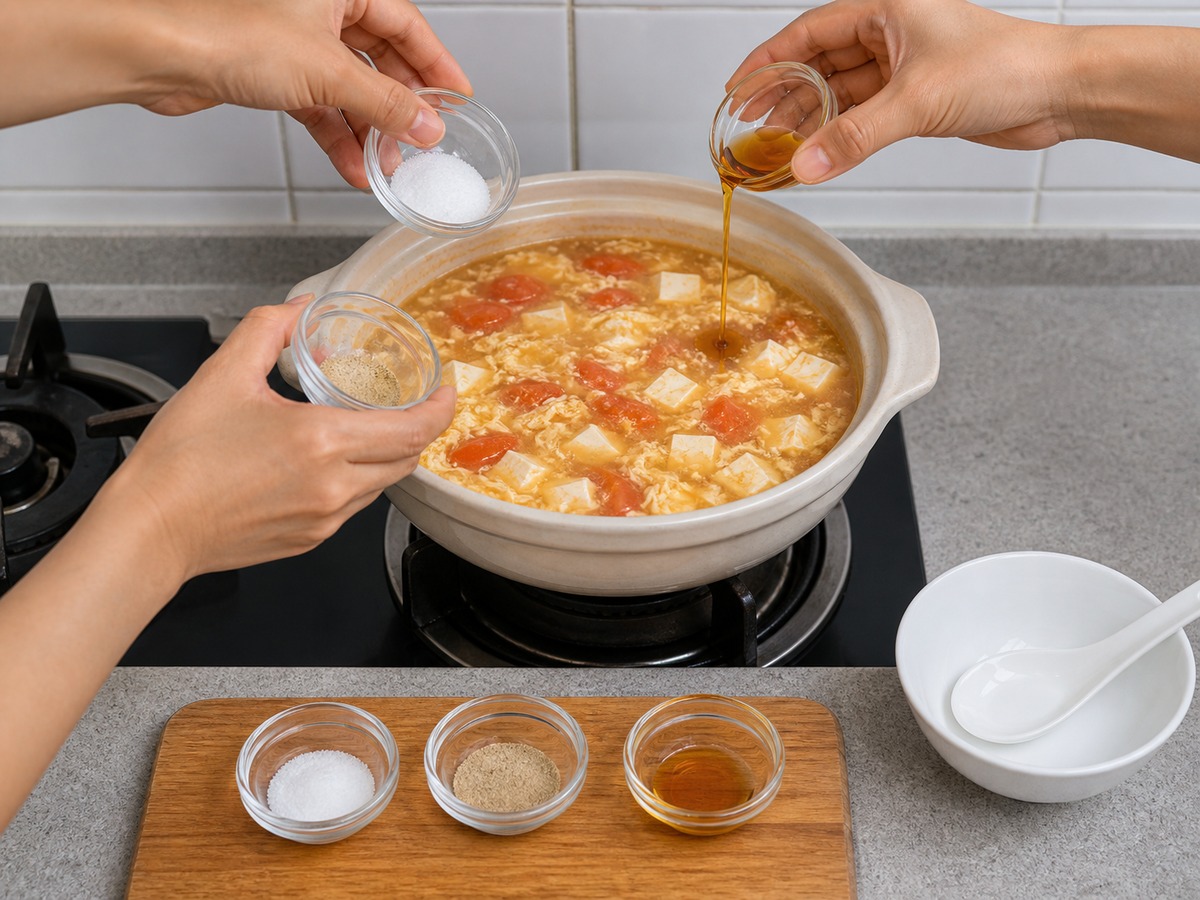 Tomato, Tofu and Egg Drop Soup โ step 11: Adjust the seasoning