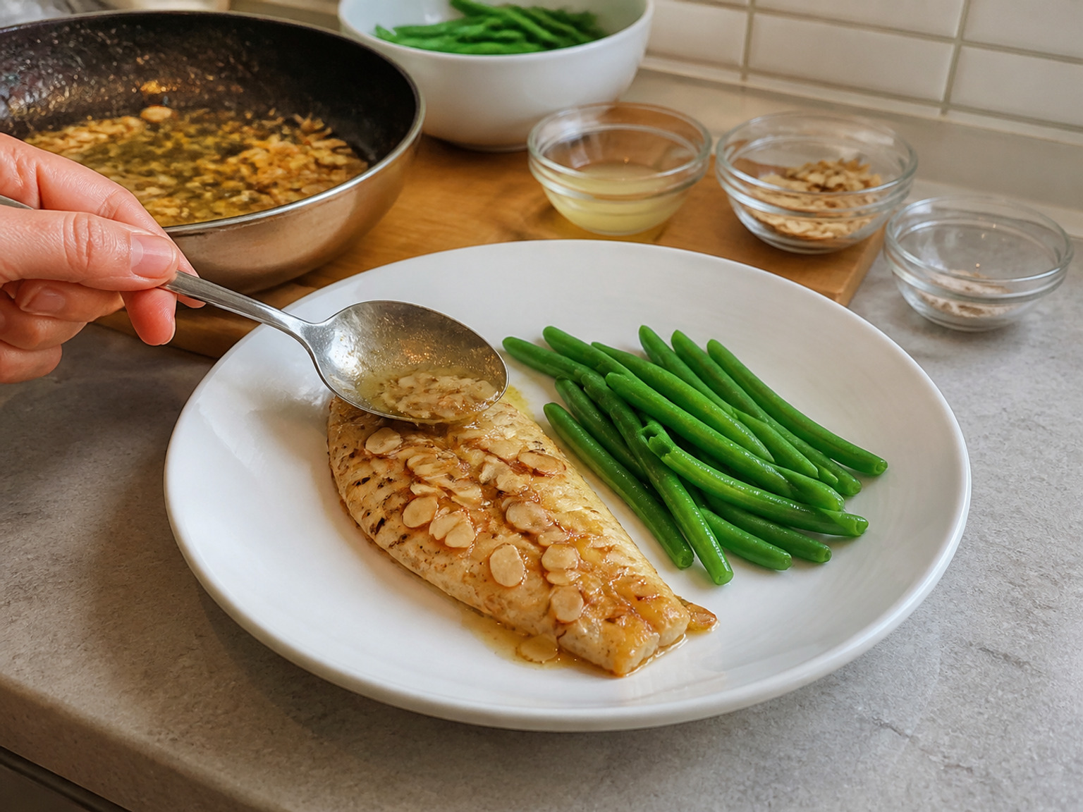 Trout na may Mantikilya, Almendras at Green Beans: Ang malutong na trout, green beans at lemon-almond butter ay bumubuo ng apat na kumpletong plato sa loob ng tatlumpung minuto.