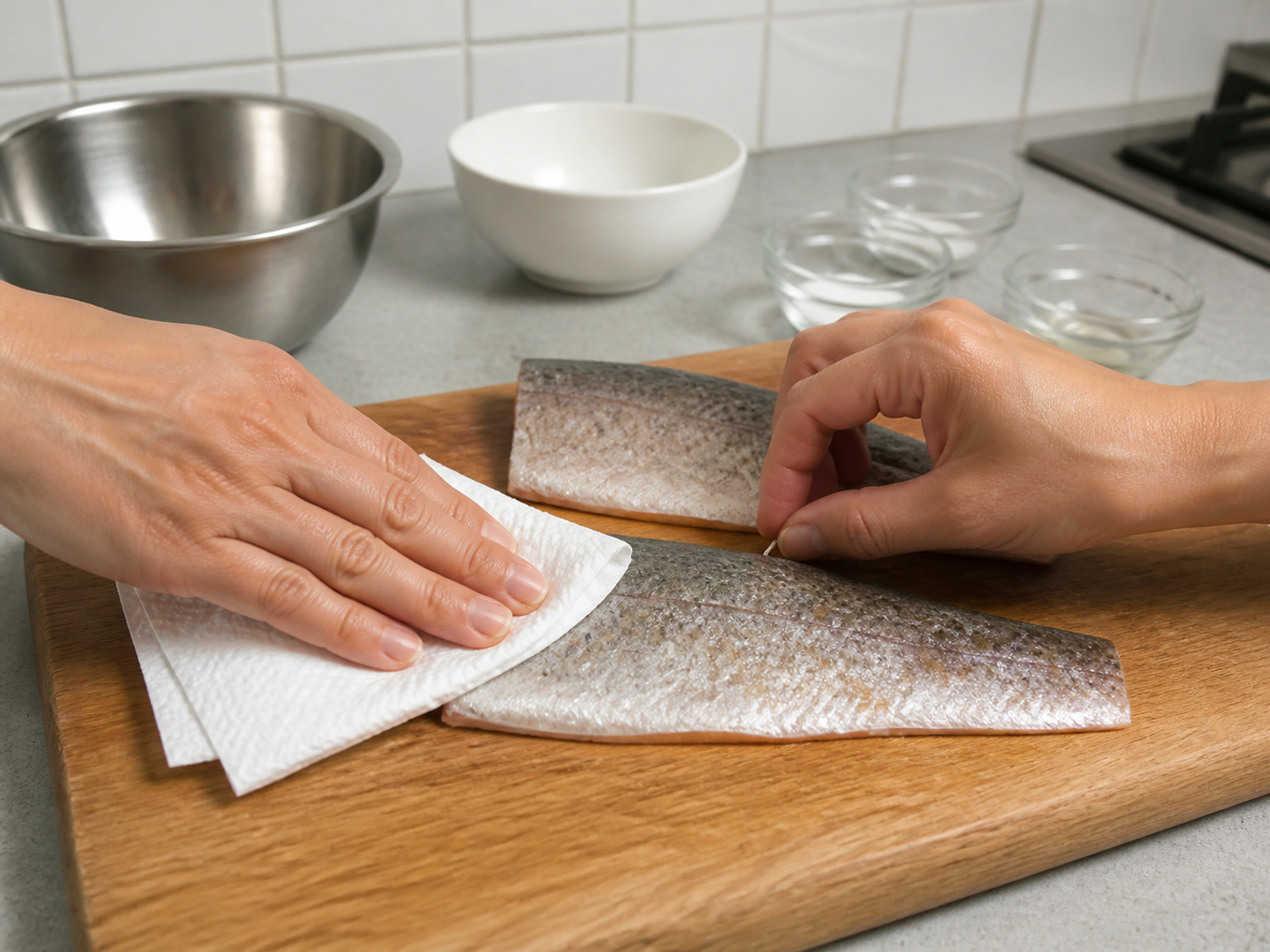 抹乾鱒魚並除骨: 把全部 600 克鱒魚柳抹乾,需要時分成 4 等份,並用乾淨魚骨鉗拔走全部幼骨。