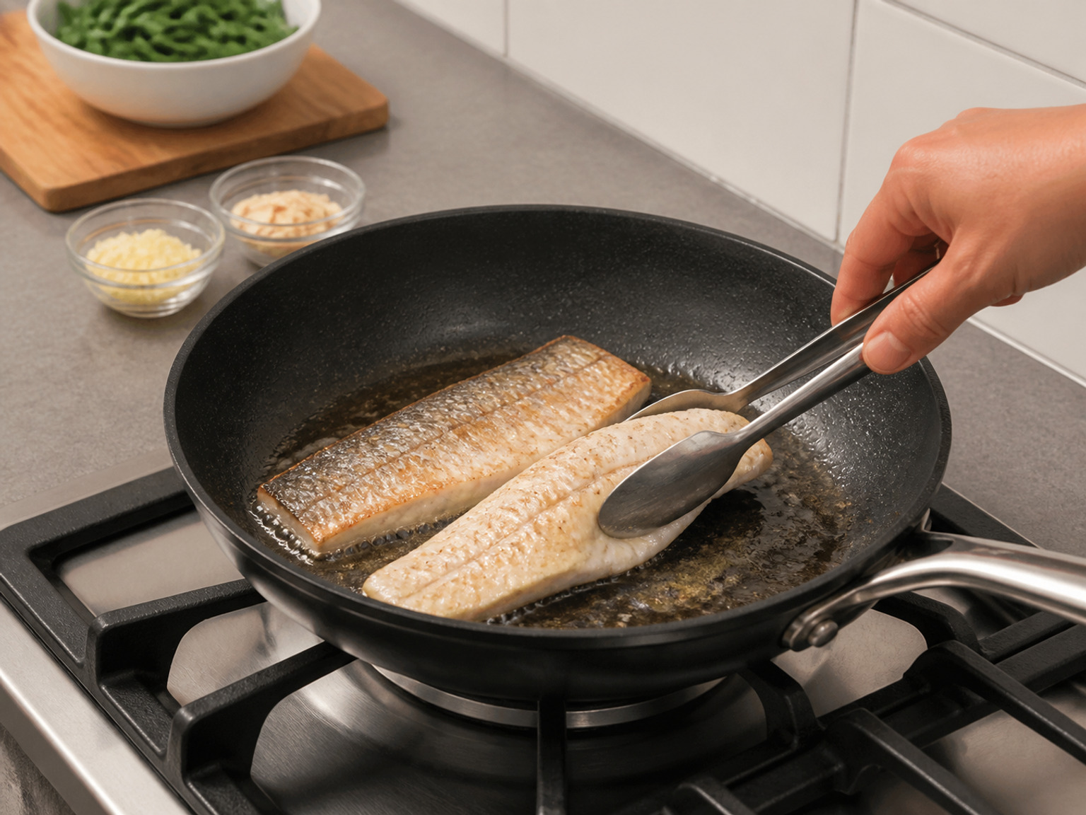 反轉煎至鱒魚熟透: 反轉每件魚柳,以中火煎魚肉面 2 分鐘,至中心不透明並達 63°C,邊緣不可乾柴。