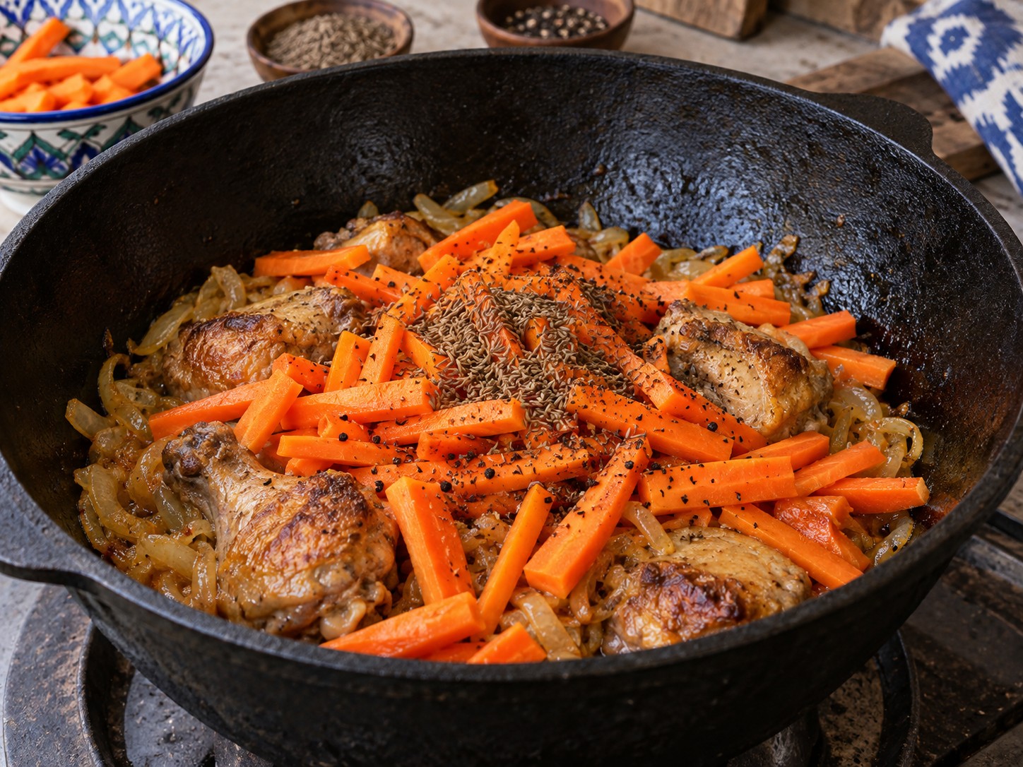 Uzbek Chicken Plov — Ilagay ang karot at spices