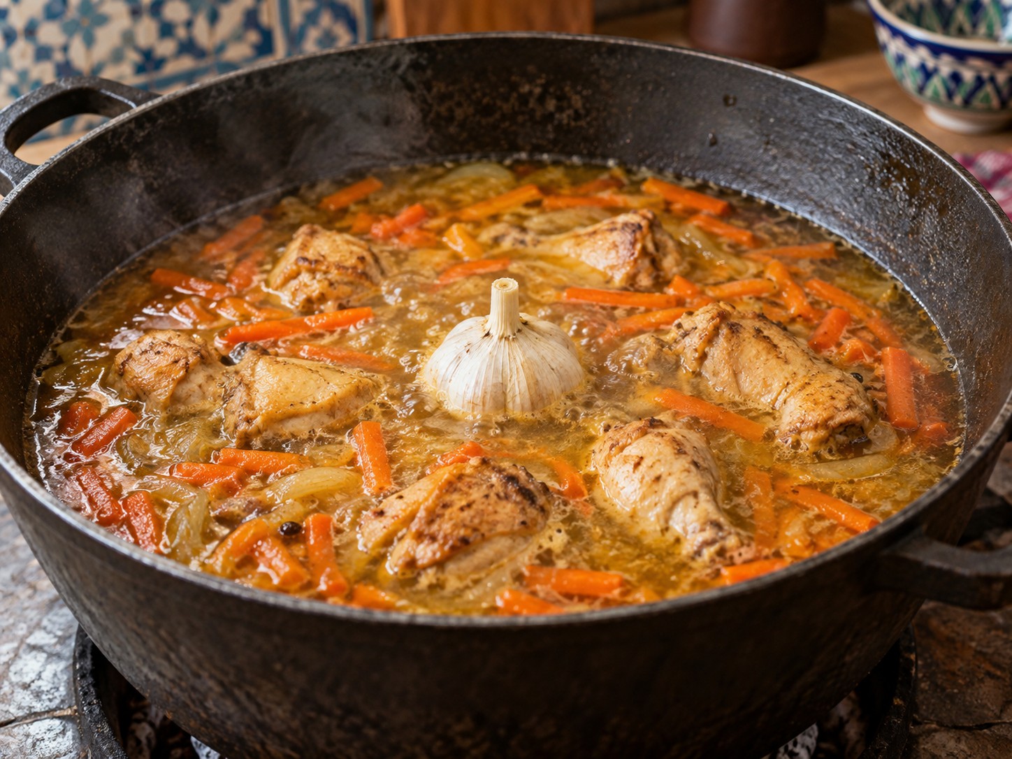 Uzbek Chicken Plov — Ilagay ang tubig at bawang