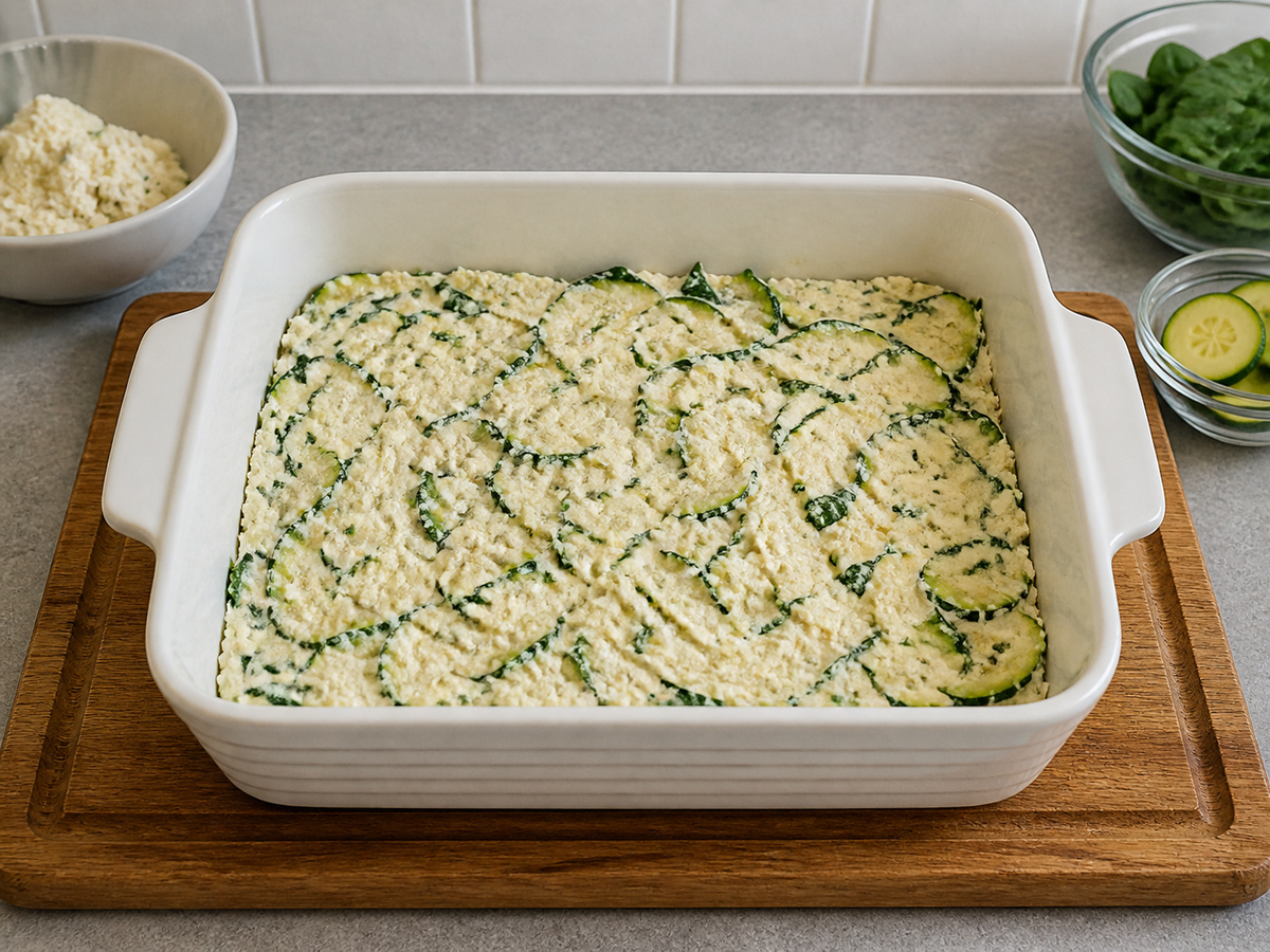 Lasagna Sayuran dengan Bayam dan Zucchini: Susun berlapis