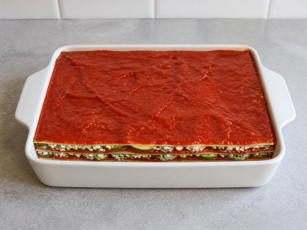 Lasagna Sayuran dengan Bayam dan Zucchini: Susun berlapis
