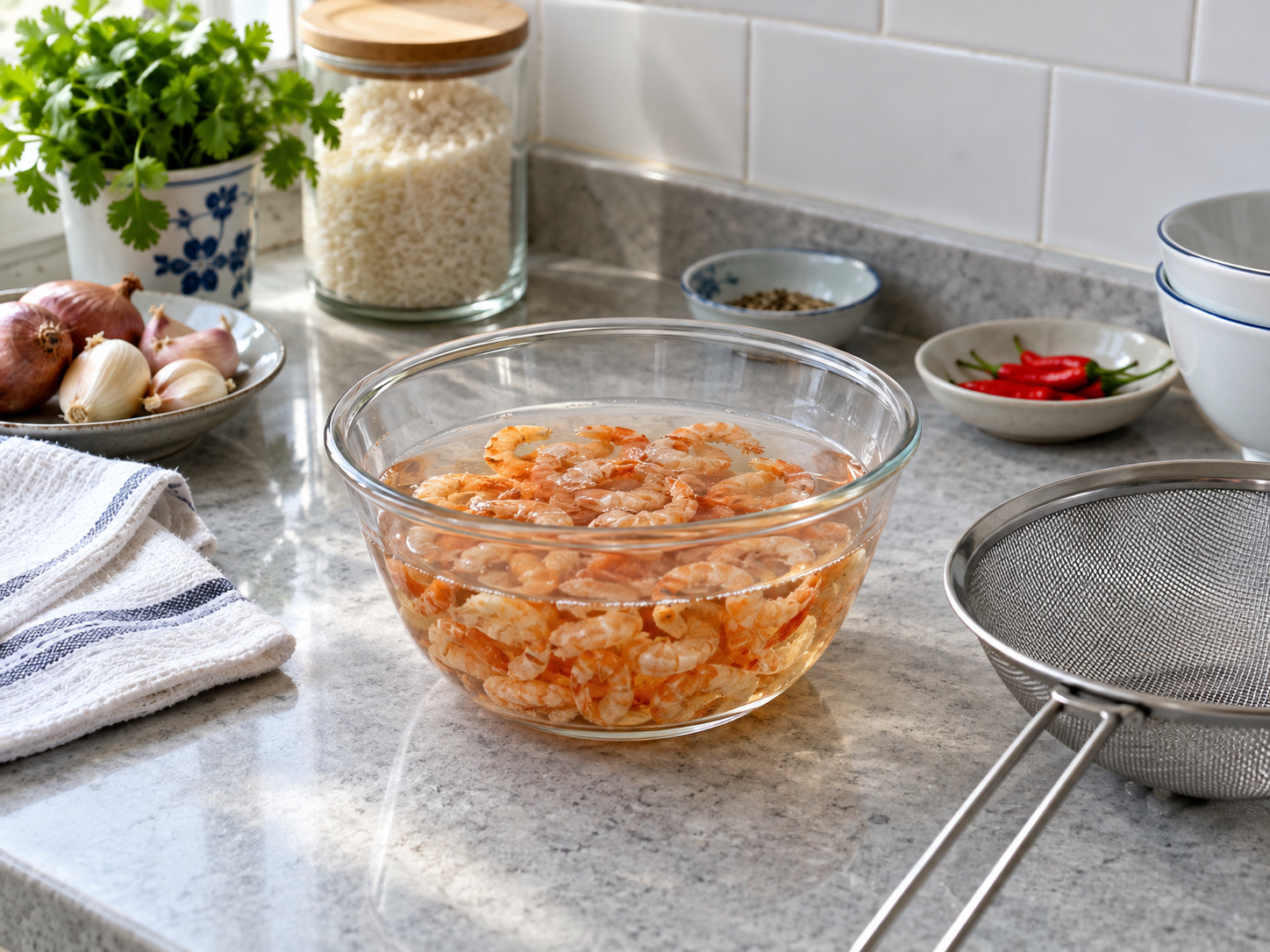 Vietnamese Bánh Bèo Steamed Rice Cakes — Soak shrimp