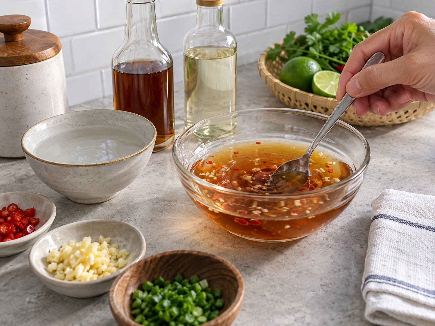 Vietnamese Bánh Bèo Steamed Rice Cakes — Mix dipping sauce