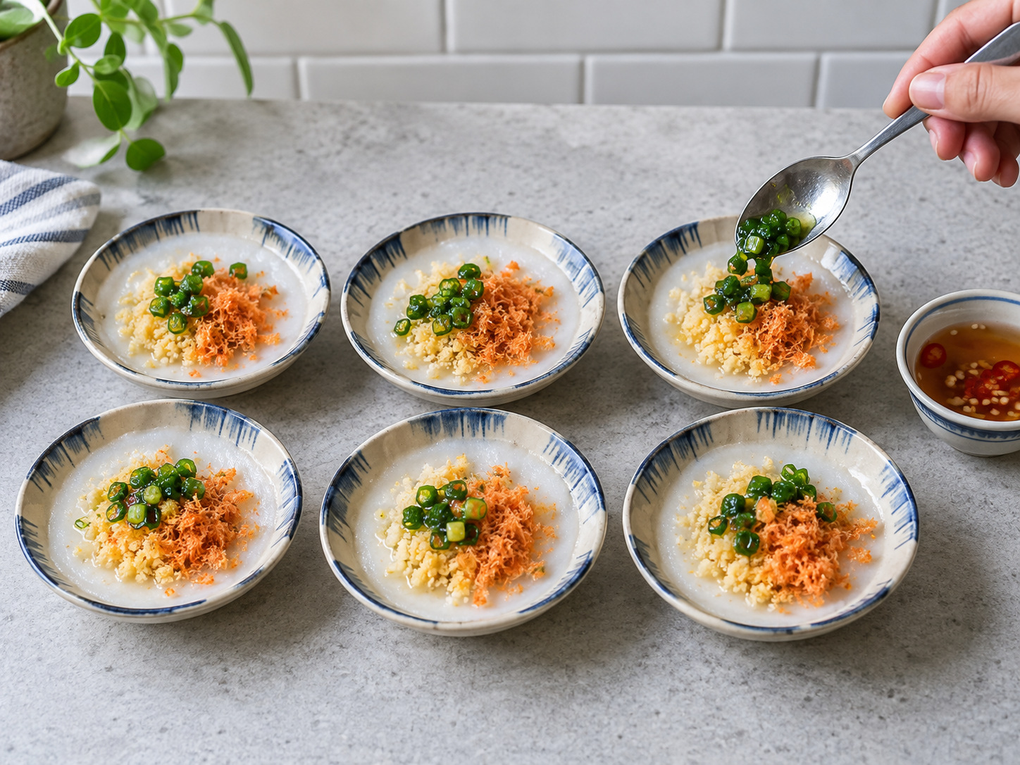 Vietnamese Bánh Bèo Steamed Rice Cakes — Top and serve