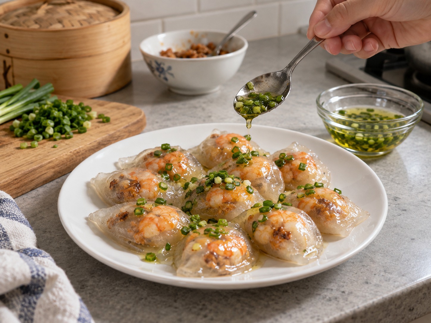 Dumpling Tapioka Vietnam Isi Udang dan Babi — Lumuri minyak dan sajikan