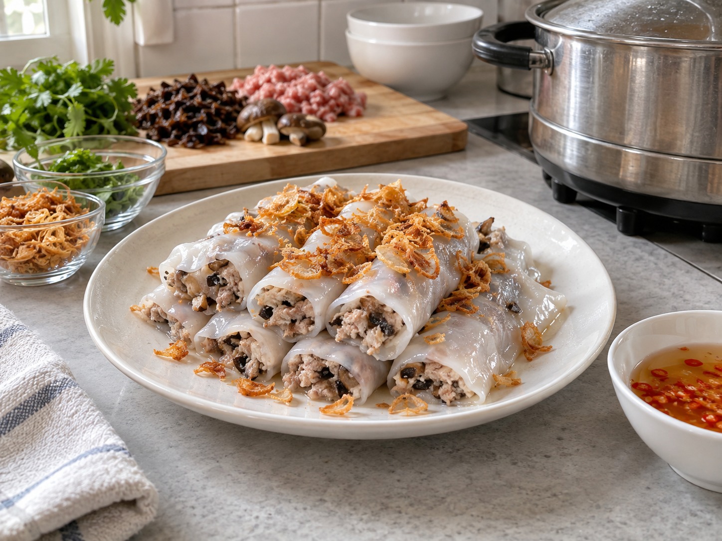 Vietnamese Steamed Rice Rolls na may Baboy at Kabute — natapos na ulam
