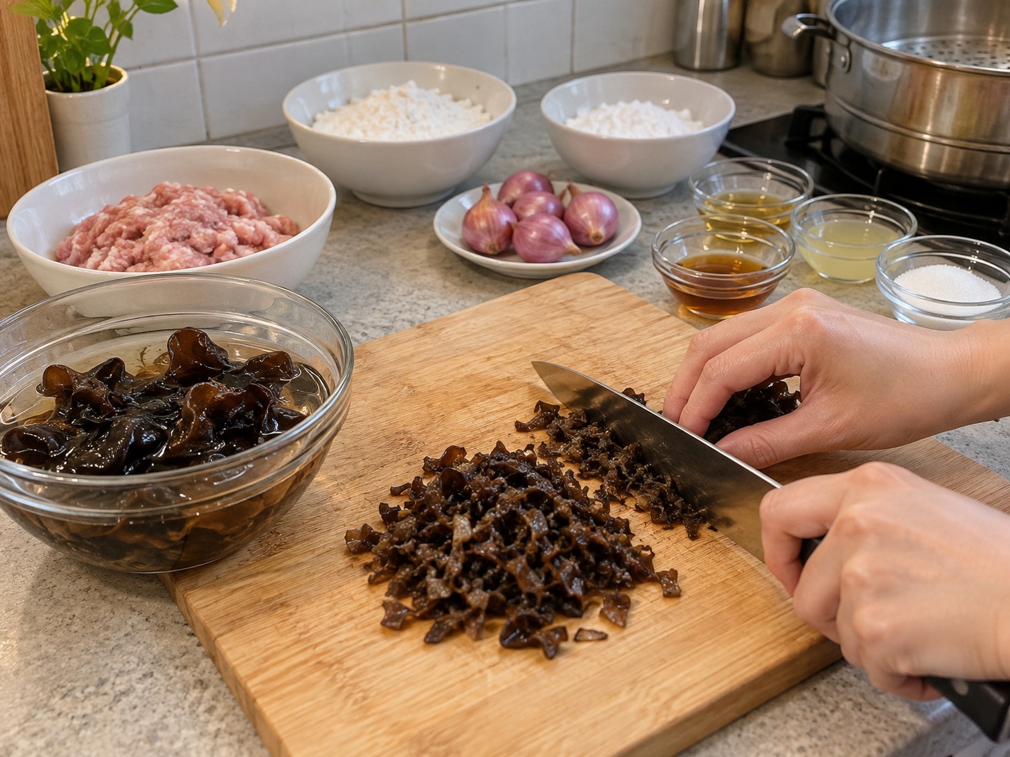 Vietnamese Banh Duc Man — Soak and clean wood ear, then dice finely