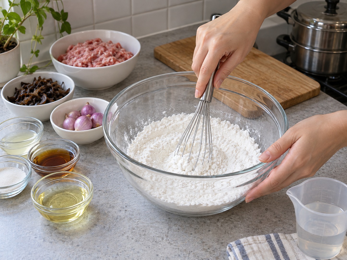 Vietnamese Banh Duc Man — Mix rice flour and tapioca starch in a large bowl