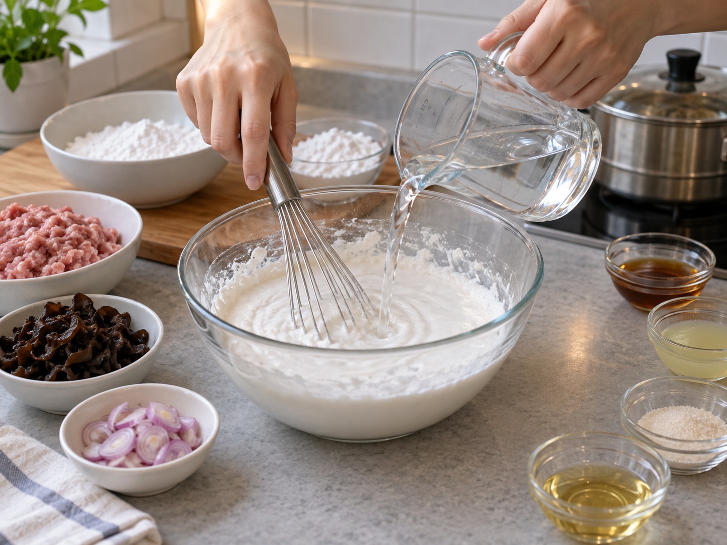 Vietnamese Banh Duc Man — Add 800 ml water and whisk until completely smooth
