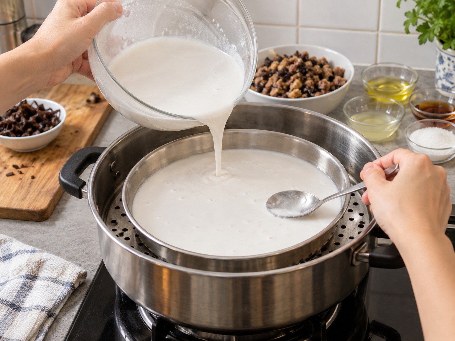 Vietnamese Banh Duc Man — Pour batter into a shallow steaming tray and skim off bubbles