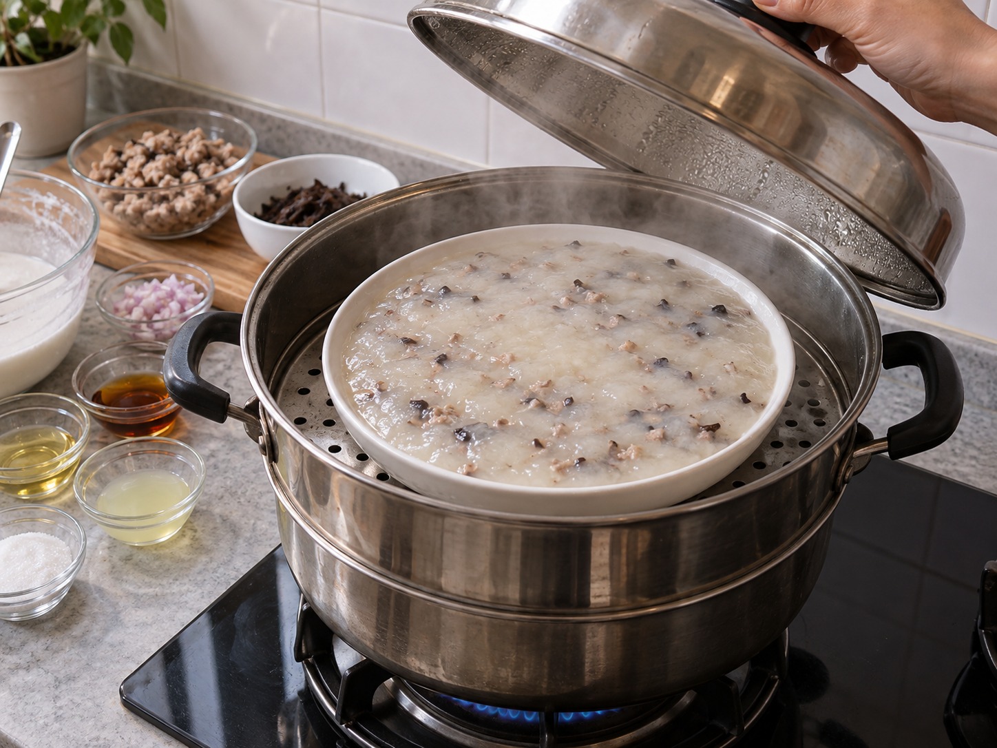 Vietnamese Banh Duc Man — Steam over medium heat for 25 minutes until translucent and set