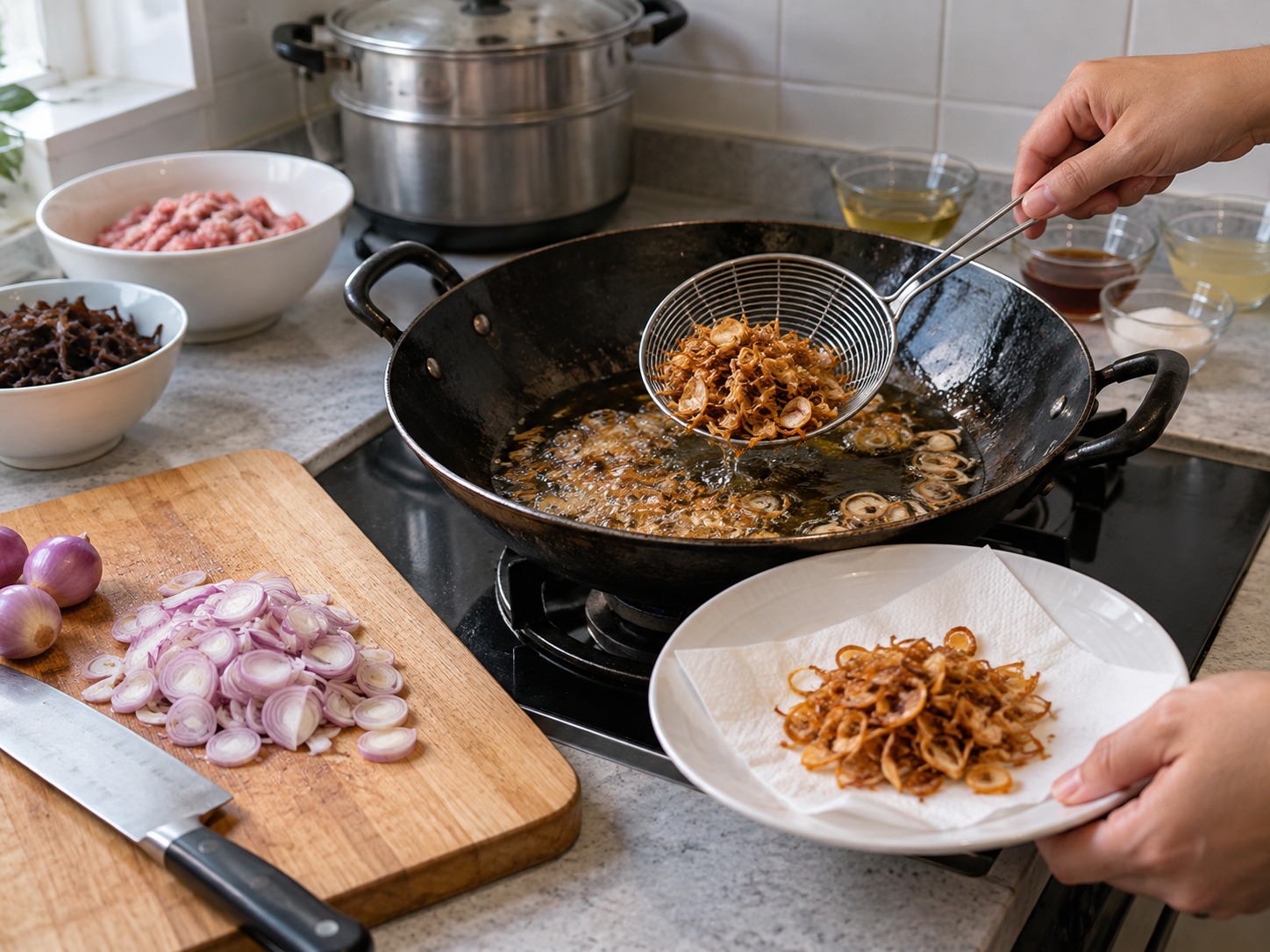 Vietnamese Banh Duc Man — Slice shallots, fry half until golden and drain