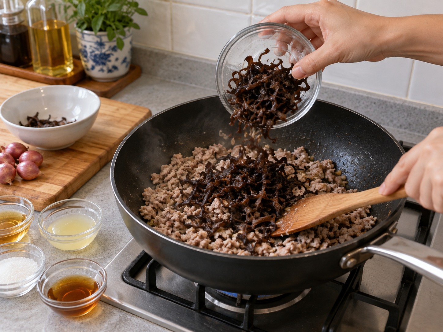 Vietnamese Banh Duc Man — Add wood ear and cook until the pork reaches 71°C