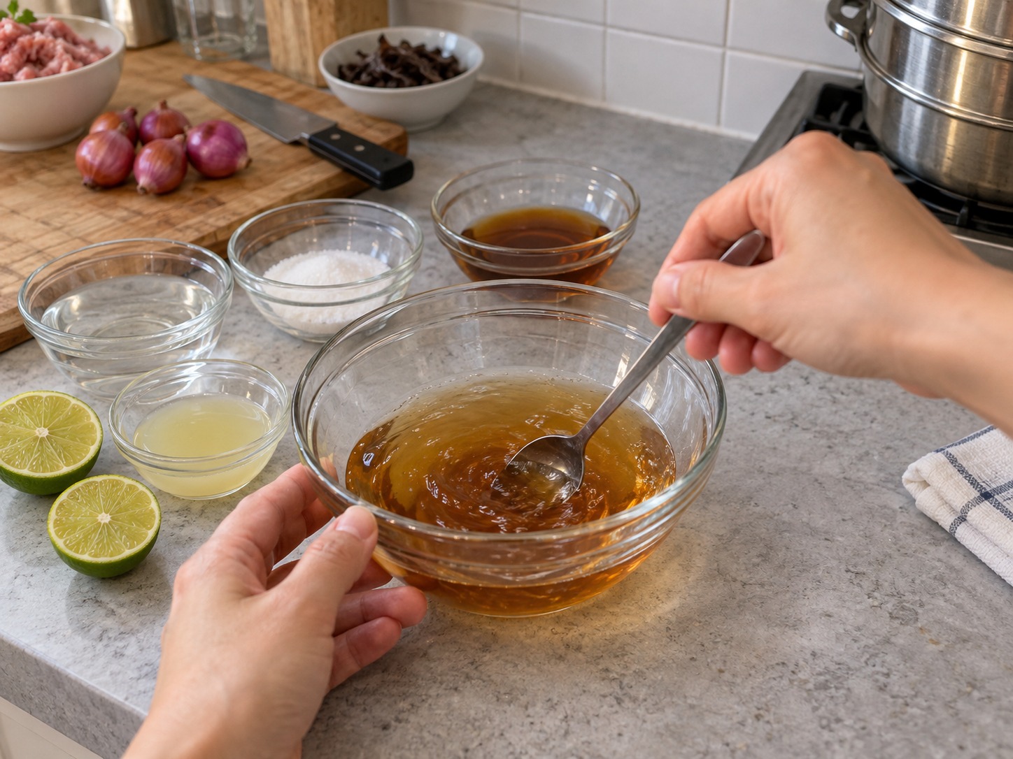 Vietnamese Banh Duc Man — Stir fish sauce, lime juice, sugar and warm water until dissolved